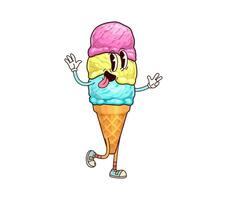 Ice cream sundae groovy character in retro cartoon vector