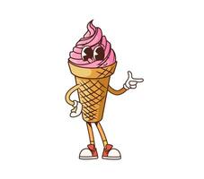 Groovy fast food ice cream cone cartoon character vector