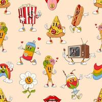Cartoon funny groovy characters seamless pattern vector