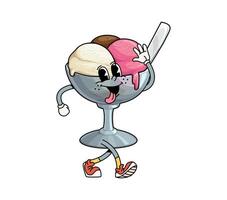 Groovy fast food ice cream sundae retro character vector