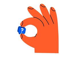 Hand drawn cute illustration hand hold speech bubble with question mark. Flat problem message in arm doodle. Ask for advice. Social media icon. Support or service. Seeking for help. Isolated. vector