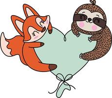 Funny fox and sloth flying on top of heart shaped balloon vector