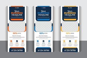 Unique, modern, creative, luxury, colorful, stylish and professional business roll up banner design. Signage advertising design, 3 color variation corporate business roll up banner design. vector
