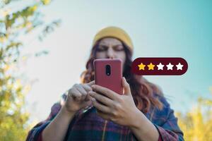 Customer Experience Concept. Excellent. Person using mobile phone with icon two star symbol to increase rating of company photo