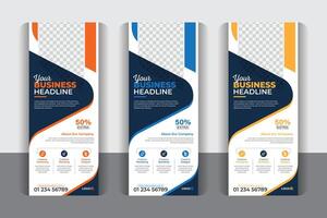 3 color variation corporate business roll up pull up banner. Unique, modern, creative, abstract, luxury, colorful, stylish and professional business roll up banner design. vector