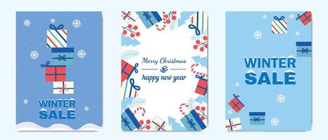 Gift boxes and snowflakes on a blue background with text Winter Sale create a festive atmosphere for promotions. vector