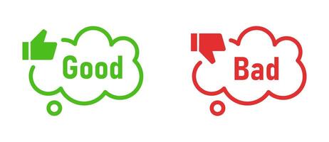 Good and bad icon set. Green and red, positive and negative signs, do and bad buttons with thumbs up and thumbs down flat design. vector