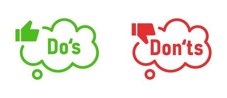 Do and don'ts icon set. Green and red, positive and negative signs, do's and don'ts buttons with thumbs up and thumbs down flat design. vector