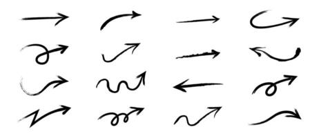 Hand drawn arrow set. Charcoal arrows, freehand, different, curved, swirls arrow, black chalk smears, check mark collection. Bold brush stroke with scratches. vector