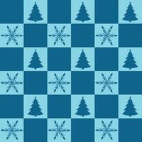 Seamless pattern with Christmas trees and snowflakes. Endless checkered Christmas pattern in blue colors. Repeating checkered pattern with Christmas elements. Pattern for wrapping paper, textiles vector