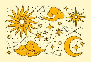 Astrological sky elements retro vintage style set, clipart. Space, sun, cloud, star, comet, moon, constellation vector