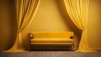 Yellow Couch in Front of Yellow Curtain. photo