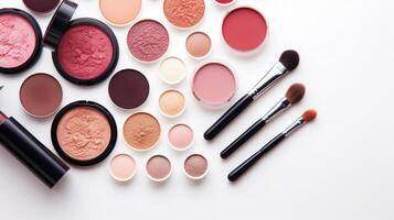 Assortment of Makeup Products on White Background. photo