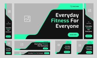Body fitness exercise web set banner design for social media post, workout plan web banner design, daily meditation and yoga web bundle banner design, fully customizable eps 10 file format vector