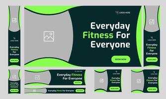 Body fitness web bundle banner design for social media post, daily fitness training web set banner design, fully customizable eps 10 file format vector