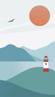Minimalistic illustration of seascape with mountains and lighthouse with cope space vector