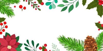 Banner or frame template with winter plants, pine cone, poinsettia flower and more. Empty space for text. illustration vector