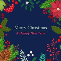 Christmas card in flat style illustration on the theme of Christmas, frame decorated with winter plants, branches with berries and lettering text vector