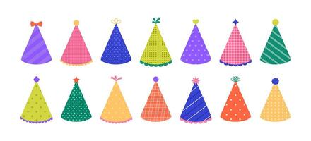 Set of colored party hats with different patterns and pompons. Holiday cone caps collection. Birthday celebration. Festive fun accessory. Flat illustration isolated on white background vector