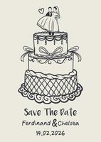Wedding Save the Date Card with Hand-Drawn Cake Illustration vector