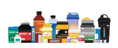 supplements for the body. Health treatments, energy boosters, vitamins, and muscle building in the form of pills, capsules and powders. vector