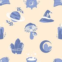 Seamless pattern with witchcraft elements. Mystical sorcery. Witch hat, moon, crystal, planet, magic book, candle, potion cauldron. Halloween design. Hand drawn illustration vector