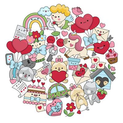 Saint Valentine round frame for kids with kawaii characters. Love holiday illustration with funny cupid, unicorn, cats, hearts, flowers framed in circle. Cute romantic elements set