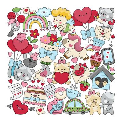 Saint Valentine square shaped frame for kids with kawaii characters. Love holiday illustration with funny cupid, unicorn, cats, hearts, flowers. Cute romantic elements set