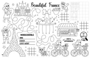 France placemat for kids. French printable activity mat with maze, tic tac toe chart, connect the dots, find difference. Black and white play mat, coloring page with Eiffel Tower, croissant, baguette vector