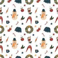 Big Christmas pattern of design elements. Pattern with Christmas tree, stars, snowman, wreath, branches and leaves. Cute elements. Hand drawn illustration. vector