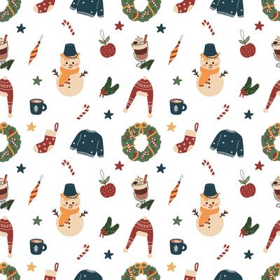 Big Christmas pattern of design elements. Pattern with Christmas tree, stars, snowman, wreath, branches and leaves. Cute elements. Hand drawn illustration.