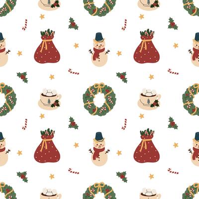 Christmas pattern with wreath, snowman, gifts, candy canes, holly berries and stars on a white background. It's festive and cheerful, perfect for holiday decorations.