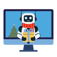 The robot in red scarf and with Christmas tree gives a gift on the computer monitor screen vector
