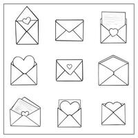 Set of love letters in envelopes. Doodle transparent icons of letter in cartoon style for Valentine's day, coloring pages, decoration. Long distance relationship and mailing concept. vector