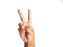 Deaf alphabet letter V by hand. Letter 'V' in sign language, isolated on a white background. Hand gestures. languages that use visual manual modality. Deaf Sign. photo