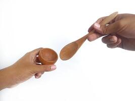 two hands holding a wooden bowl and a wooden spoon. The natural grain of the wood is visible, adding a rustic charm to the image. Set against a clean white background, photo