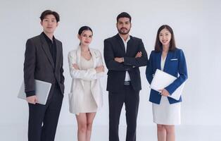 Manager employee business team woman and man asian group smile walk look idea committed progressing towards successful to new job project with agreement ready for happiness work marketing in office photo