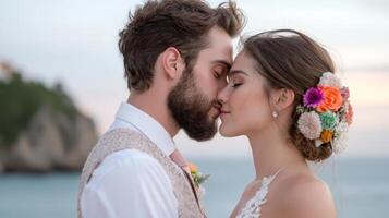romantic couple sharing tender moment at sunset by sea photo