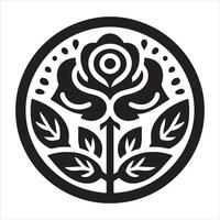 The words rose are displayed on a black background with a black and white flower. vector