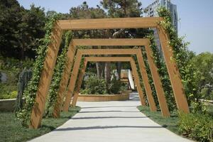 Decorative Wooden Archway with Greenery in a Park photo