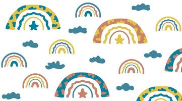 Hand drawn kids rainbow pattern with clouds. Can be used for decoration, textile, fabrics, wrapping paper vector