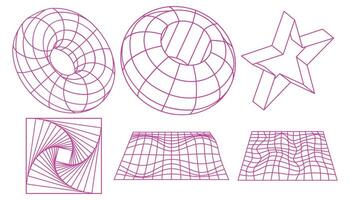 Geometric wireframe shapes and grids collection. Retro abstract neon elements in cyberpunk style. vector