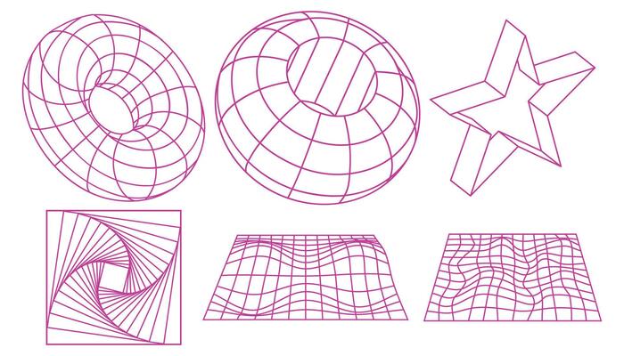 Geometric wireframe shapes and grids collection. Retro abstract neon elements in cyberpunk style.