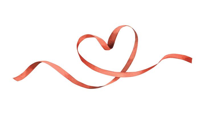 Red satin silk ribbon arranged in the shape of a heart. Watercolor illustration hand-drawn on an isolated background. Suitable for design Birthday, wedding, Valentine's Day, invitations, cards.