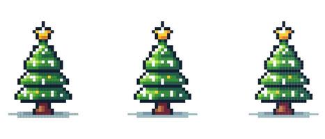 A pixel art Christmas tree with a star on top and snow on its branches. Retro and nostalgic style. vector