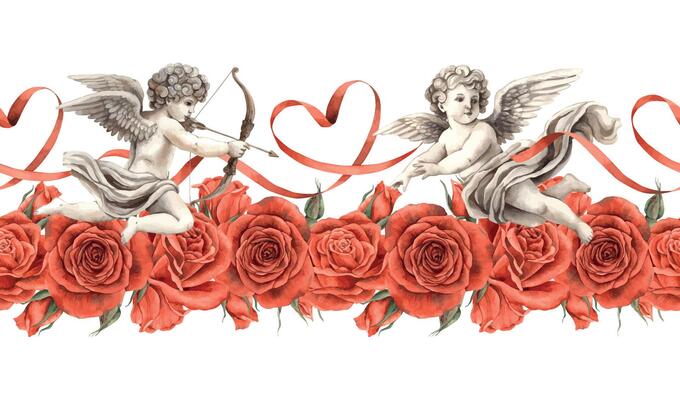 Border of red velvet roses with flying angels-cupids and graceful silk ribbons in the shape of hearts. Watercolor seamless border for decoration of banners, invitations for weddings, Valentine's Day.