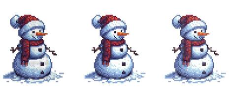 A pixel art snowman with a red hat and scarf stands on snow with stick arms and a carrot nose. vector
