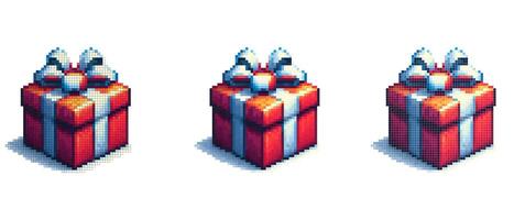 Pixel art gift box with red wrapping white ribbon and bow creating a festive and visually appealing design. vector