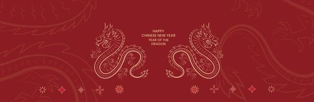 Chinese new year, year of the dragon banner template design with dragons, Gold line for background lunar new year isolated in red vector
