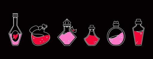 A set of different potion bottles. Magic and alchemy. A love potion. vector